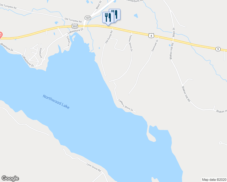 map of restaurants, bars, coffee shops, grocery stores, and more near 98 Tasker Shore Drive in Northwood