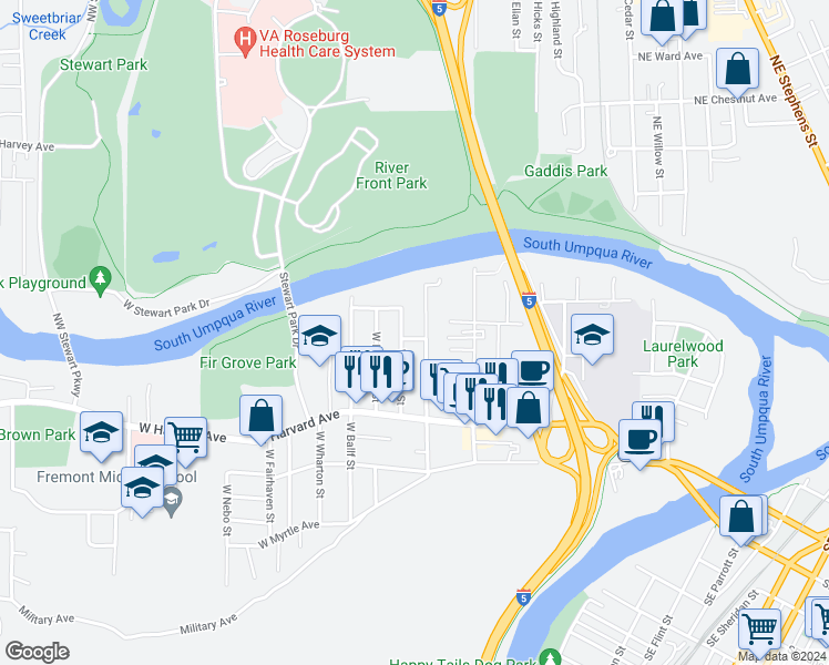 map of restaurants, bars, coffee shops, grocery stores, and more near 1022 W Yale Ave in Roseburg