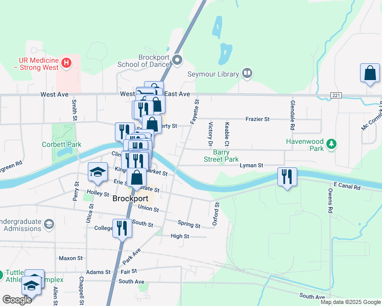 map of restaurants, bars, coffee shops, grocery stores, and more near 16 Barry St in Brockport