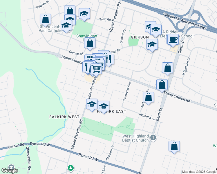map of restaurants, bars, coffee shops, grocery stores, and more near 23 Horizon Court in Hamilton