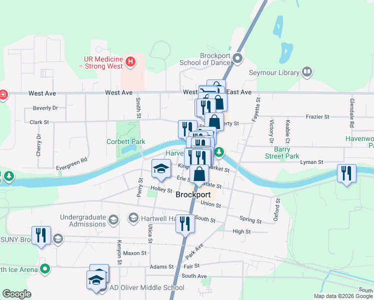 map of restaurants, bars, coffee shops, grocery stores, and more near 38 Merchant Street in Brockport