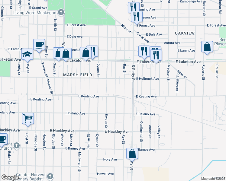 map of restaurants, bars, coffee shops, grocery stores, and more near 1971 Superior Street in Muskegon