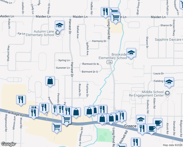 map of restaurants, bars, coffee shops, grocery stores, and more near 103 Barmont Drive South in Rochester