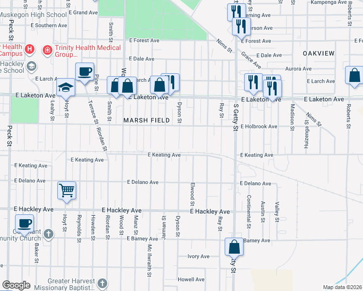 map of restaurants, bars, coffee shops, grocery stores, and more near 1968 Dyson Street in Muskegon