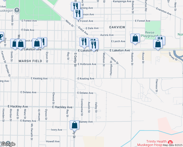map of restaurants, bars, coffee shops, grocery stores, and more near 1962 Austin Street in Muskegon