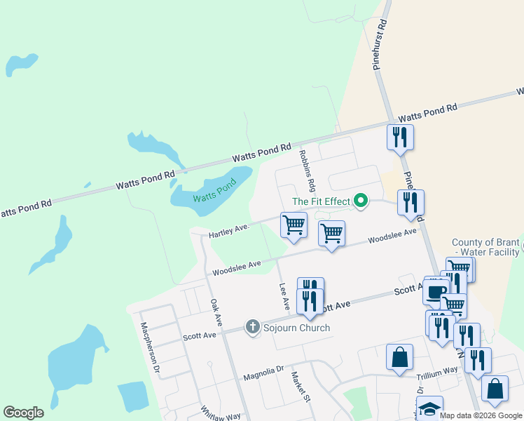 map of restaurants, bars, coffee shops, grocery stores, and more near 113 Hartley Avenue in Brant