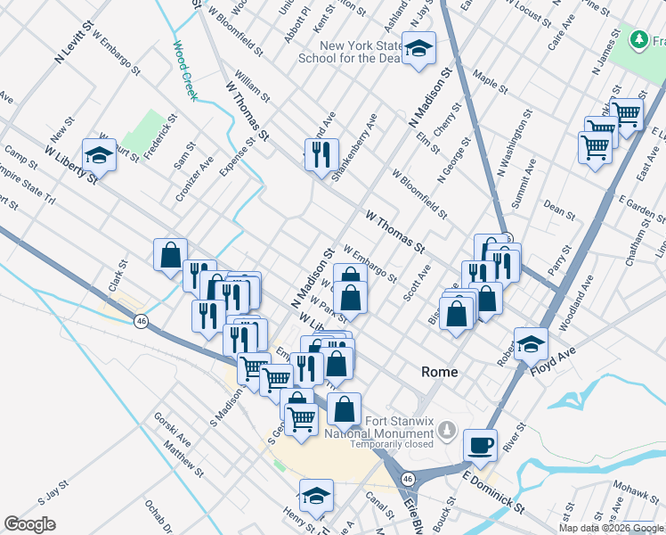 map of restaurants, bars, coffee shops, grocery stores, and more near 320 Curtis Street in Rome