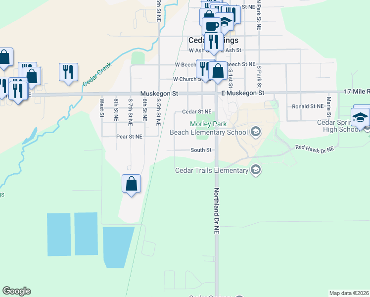 map of restaurants, bars, coffee shops, grocery stores, and more near 121 South Street in Cedar Springs