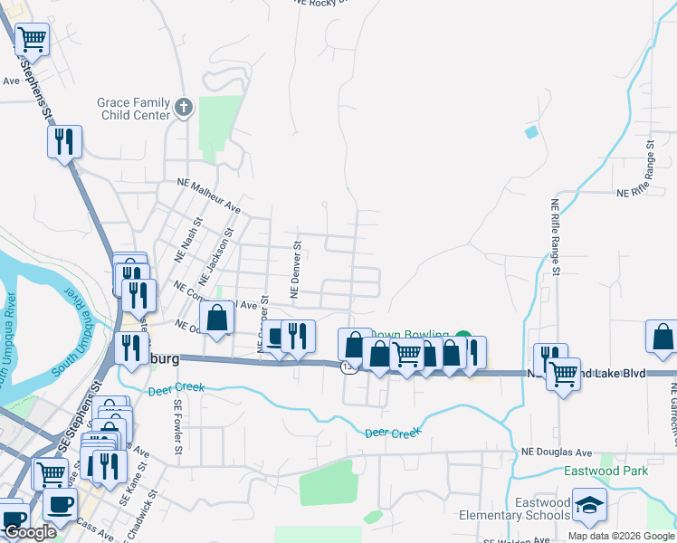 map of restaurants, bars, coffee shops, grocery stores, and more near 2046 Northeast Freemont Avenue in Roseburg