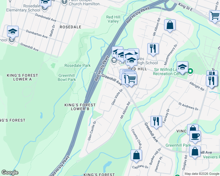 map of restaurants, bars, coffee shops, grocery stores, and more near 14 Renner Court in Hamilton