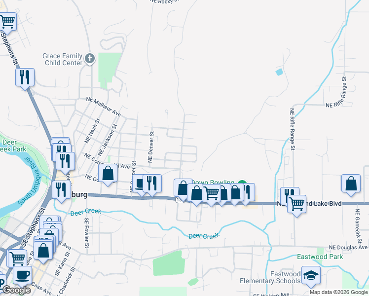 map of restaurants, bars, coffee shops, grocery stores, and more near 637 Northeast Fulton Street in Roseburg