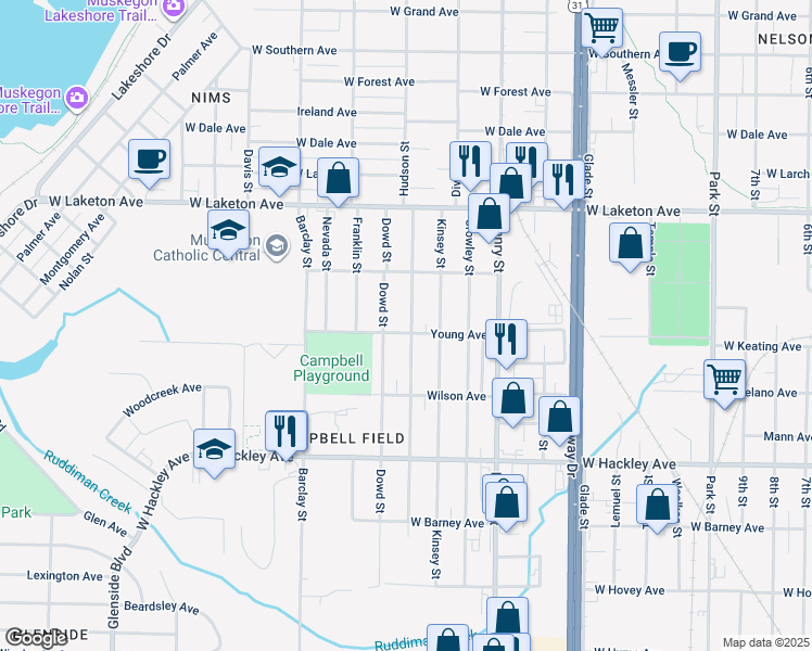 map of restaurants, bars, coffee shops, grocery stores, and more near 950 Young Avenue in Muskegon