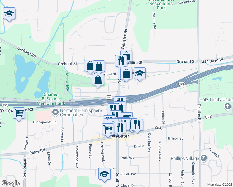map of restaurants, bars, coffee shops, grocery stores, and more near 154 North Avenue in Webster