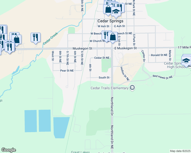 map of restaurants, bars, coffee shops, grocery stores, and more near 121 South Street in Cedar Springs