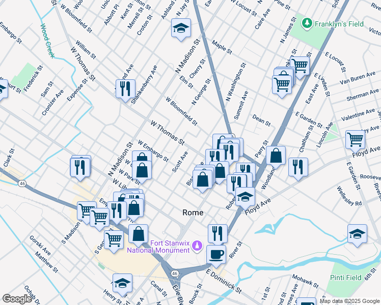 map of restaurants, bars, coffee shops, grocery stores, and more near 201 West Thomas Street in Rome