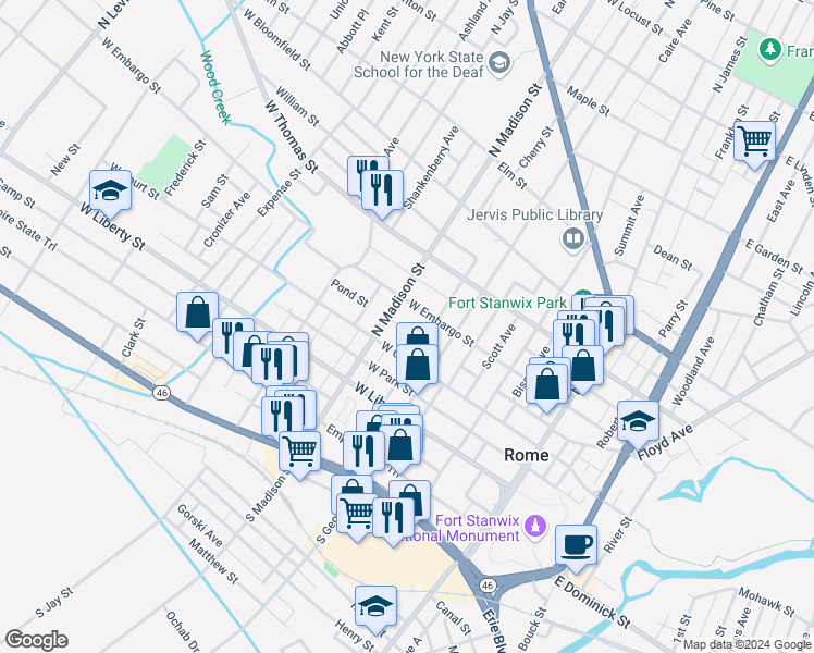 map of restaurants, bars, coffee shops, grocery stores, and more near 320 Curtis Street in Rome