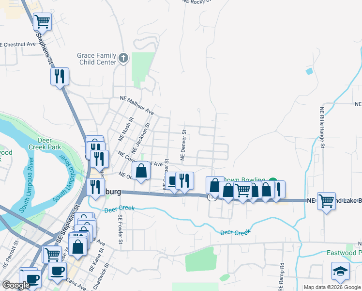 map of restaurants, bars, coffee shops, grocery stores, and more near 618 Northeast Denver Street in Roseburg