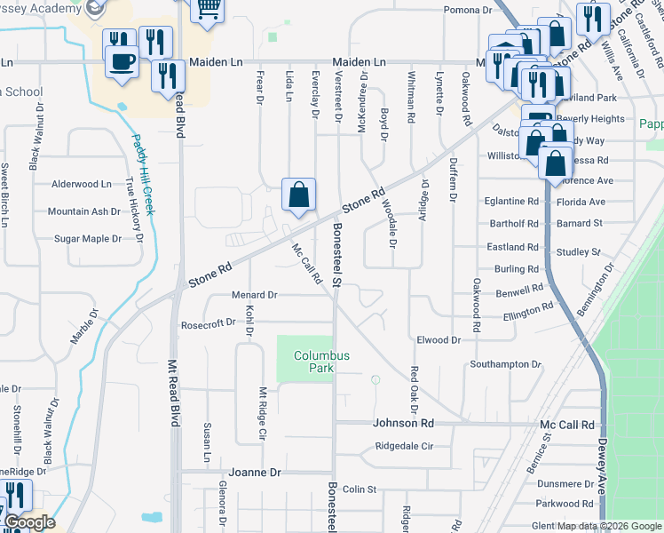 map of restaurants, bars, coffee shops, grocery stores, and more near 639 Bonesteel Street in Rochester
