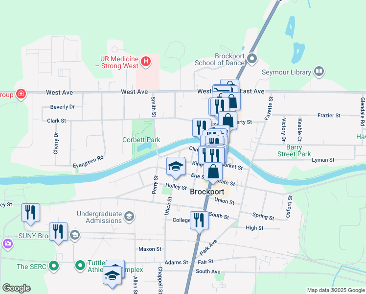 map of restaurants, bars, coffee shops, grocery stores, and more near 60 Clinton Street in Brockport