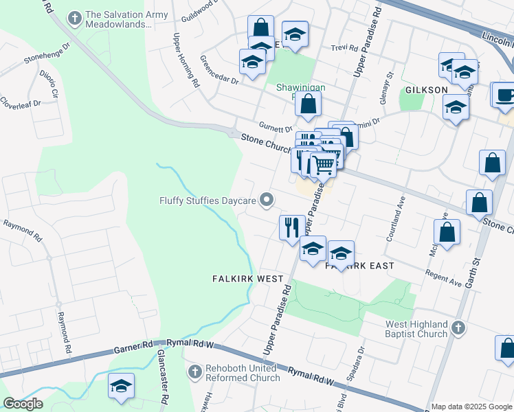 map of restaurants, bars, coffee shops, grocery stores, and more near 12 Edgehill Drive in Hamilton