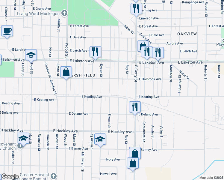 map of restaurants, bars, coffee shops, grocery stores, and more near 1971 Superior Street in Muskegon