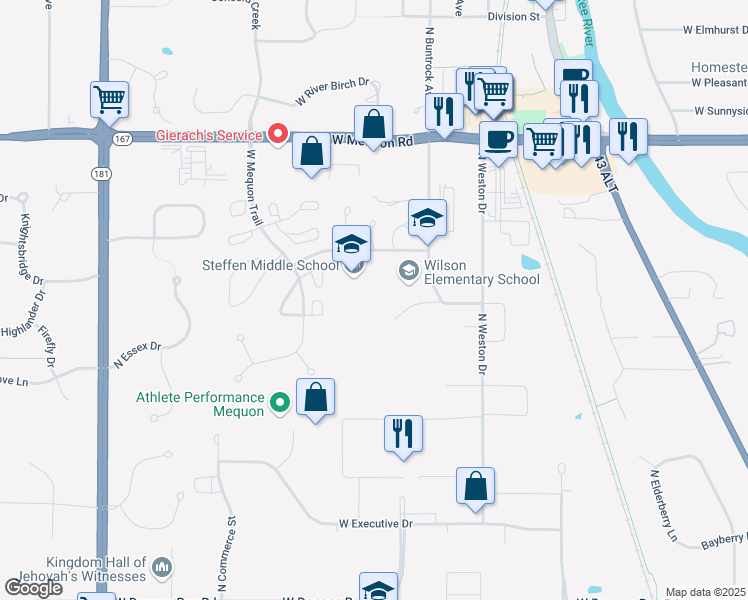 map of restaurants, bars, coffee shops, grocery stores, and more near 11001 North Buntrock Avenue in Mequon