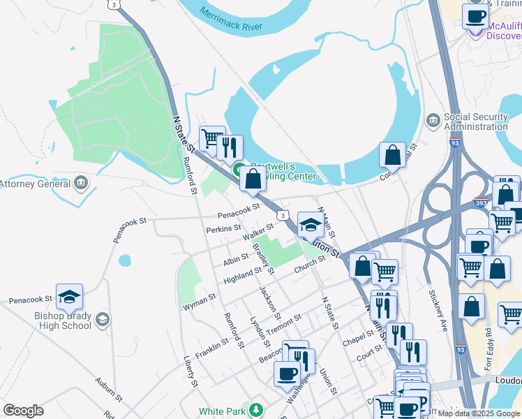 map of restaurants, bars, coffee shops, grocery stores, and more near 161 North State Street in Concord