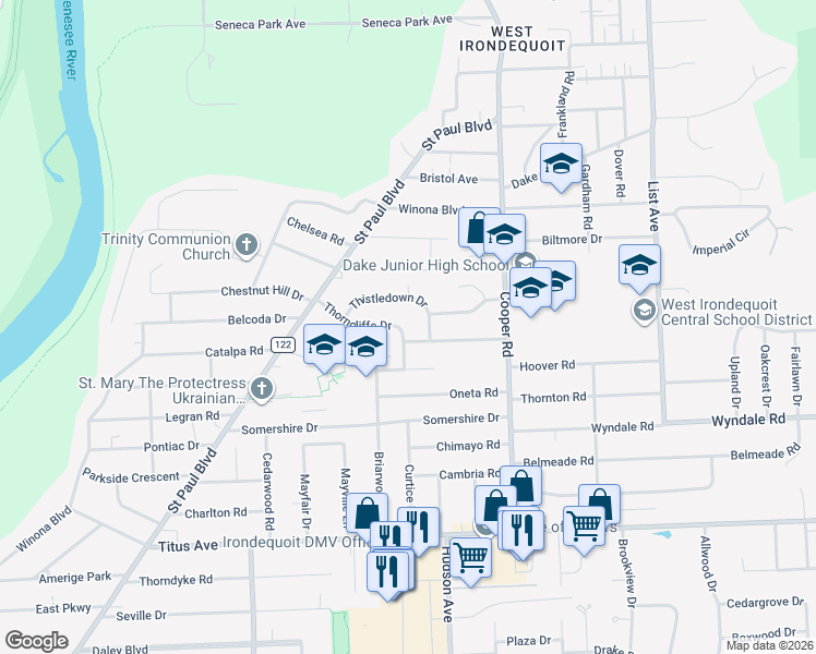 map of restaurants, bars, coffee shops, grocery stores, and more near 132 Thorncliffe Drive in Rochester