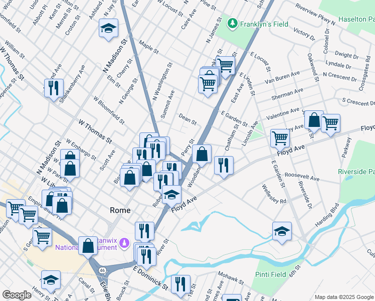 map of restaurants, bars, coffee shops, grocery stores, and more near 608 Parry Street in Rome