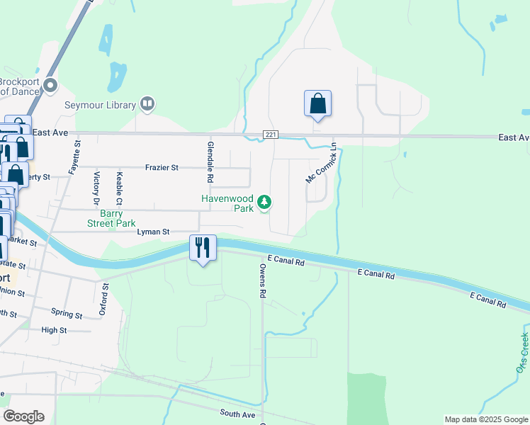 map of restaurants, bars, coffee shops, grocery stores, and more near 47 Havenwood Drive in Brockport