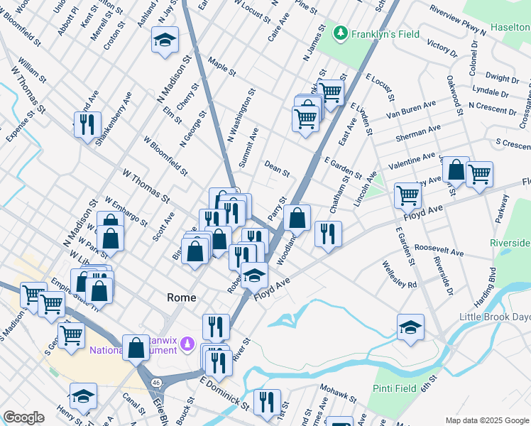 map of restaurants, bars, coffee shops, grocery stores, and more near 116 Caswell Street in Rome