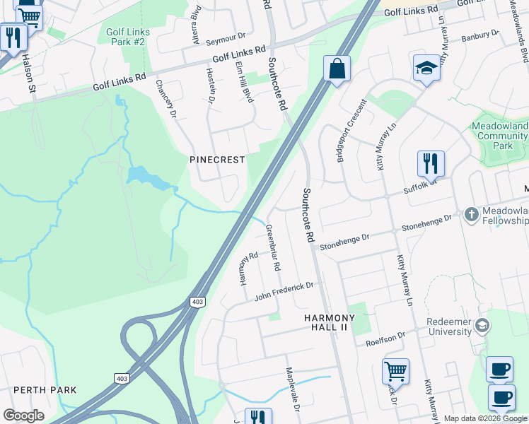 map of restaurants, bars, coffee shops, grocery stores, and more near 220 Greenbriar Road in Hamilton