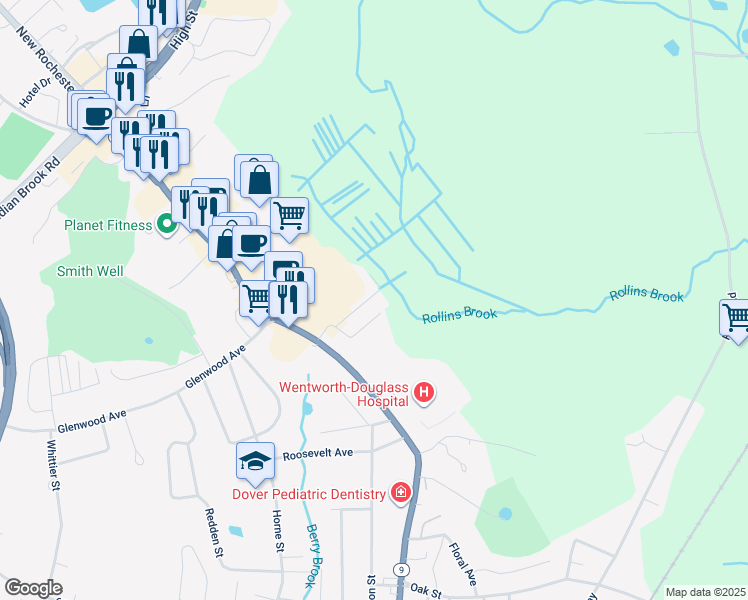 map of restaurants, bars, coffee shops, grocery stores, and more near 7 Hall Street in Dover