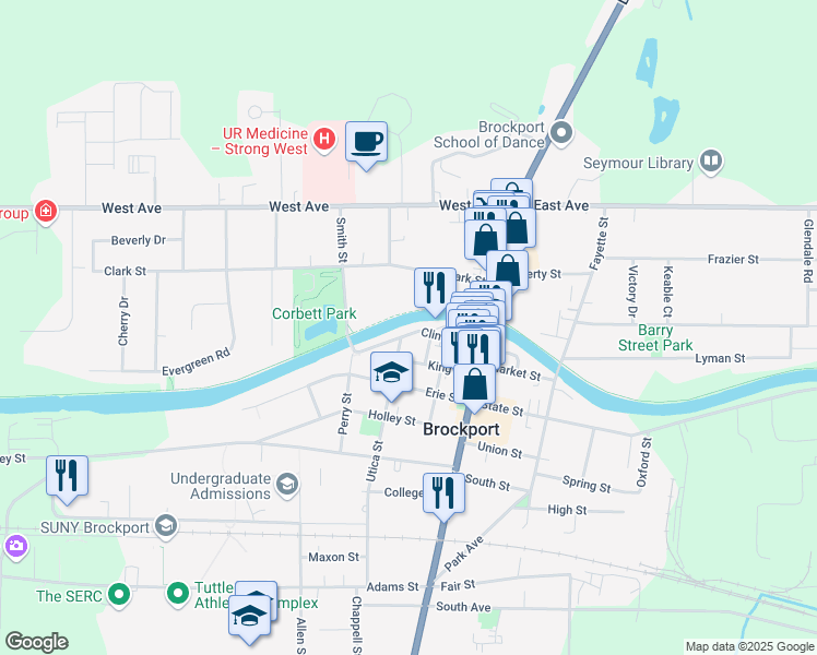 map of restaurants, bars, coffee shops, grocery stores, and more near 60 Clinton Street in Brockport