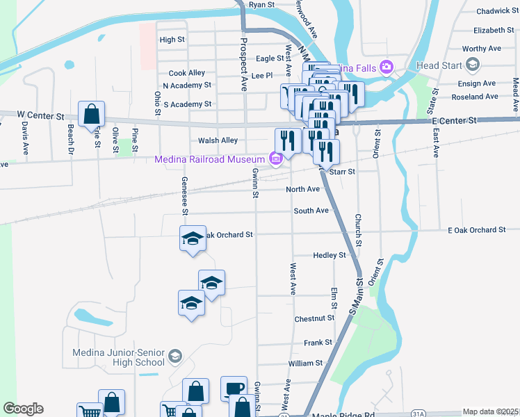 map of restaurants, bars, coffee shops, grocery stores, and more near 218 South Avenue in Medina