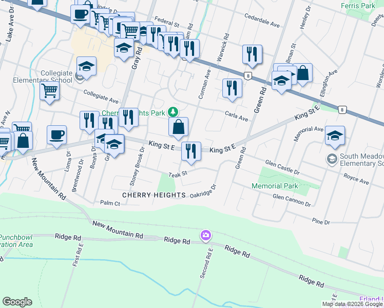 map of restaurants, bars, coffee shops, grocery stores, and more near 232 King Street East in Hamilton