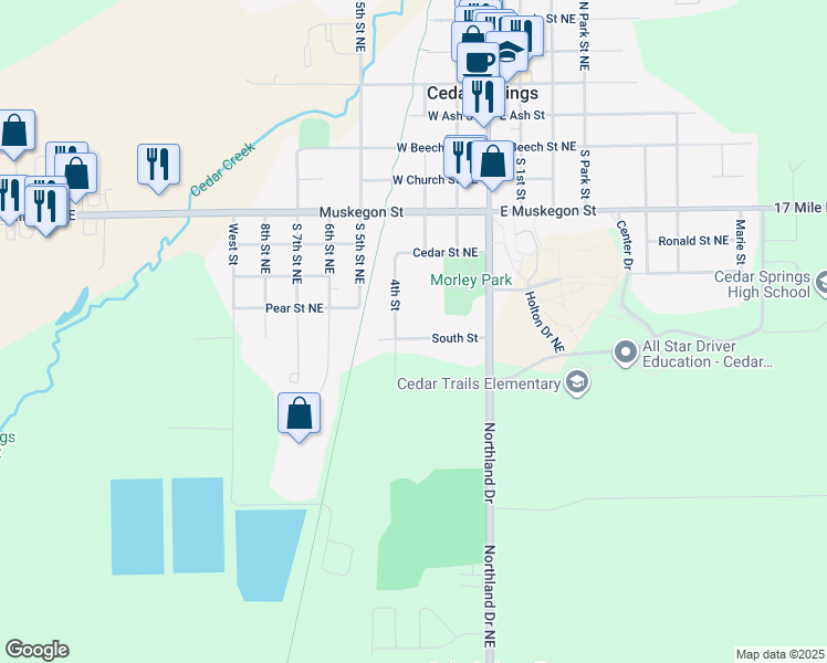 map of restaurants, bars, coffee shops, grocery stores, and more near 121 South Street in Cedar Springs