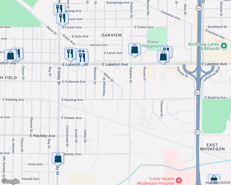 map of restaurants, bars, coffee shops, grocery stores, and more near 1962 Brunswick Street in Muskegon