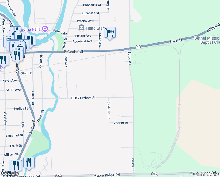 map of restaurants, bars, coffee shops, grocery stores, and more near 100 Bernz-O-Matic Drive in Medina