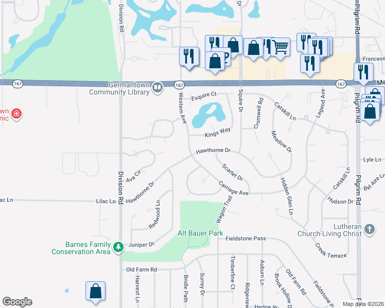 map of restaurants, bars, coffee shops, grocery stores, and more near N109W16760 Hawthorne Drive in Germantown