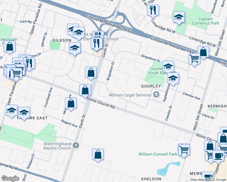 map of restaurants, bars, coffee shops, grocery stores, and more near 617 Brigadoon Drive in Hamilton