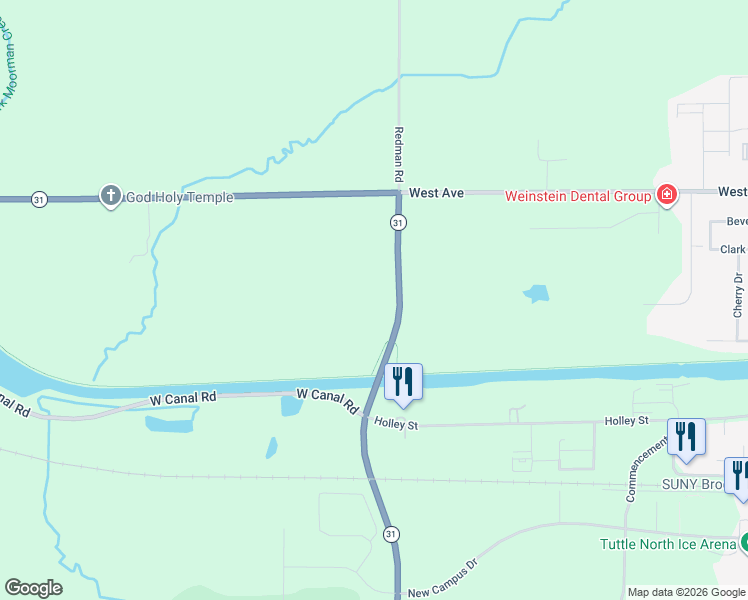 map of restaurants, bars, coffee shops, grocery stores, and more near 4415 Redman Road in Brockport