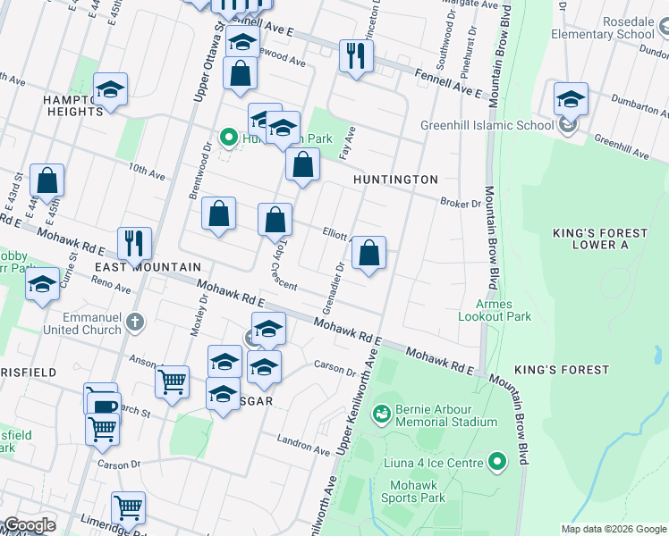 map of restaurants, bars, coffee shops, grocery stores, and more near 70 Grenadier Drive in Hamilton