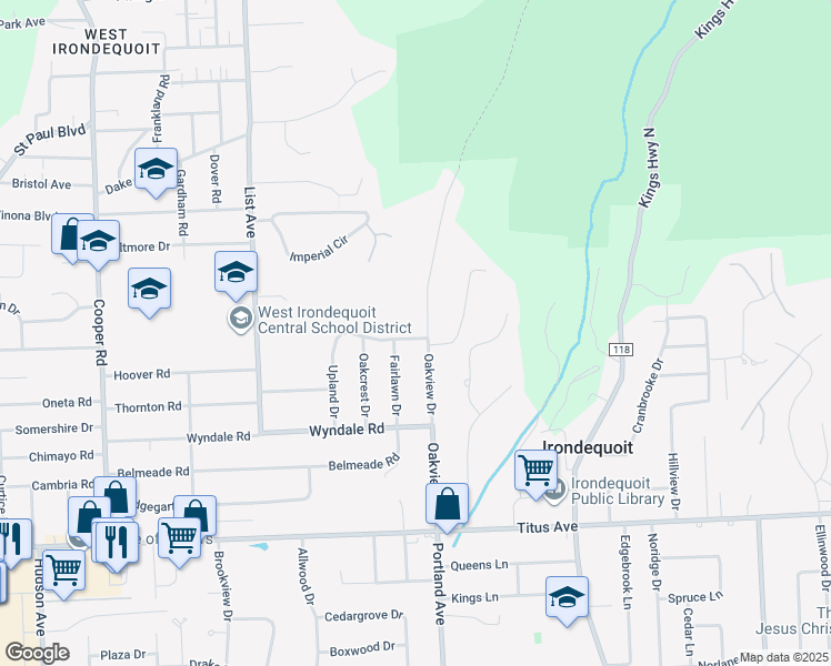 map of restaurants, bars, coffee shops, grocery stores, and more near 2599 Oakview Drive in Rochester