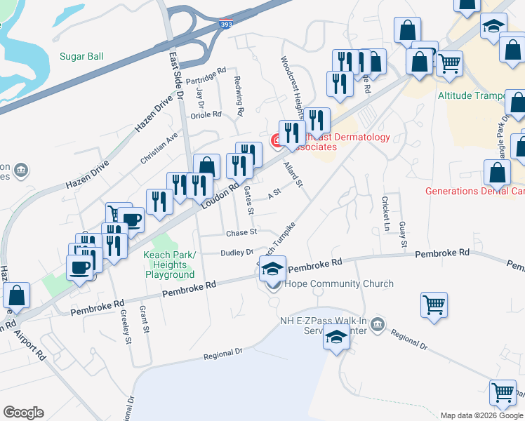 map of restaurants, bars, coffee shops, grocery stores, and more near 5 B Street in Concord