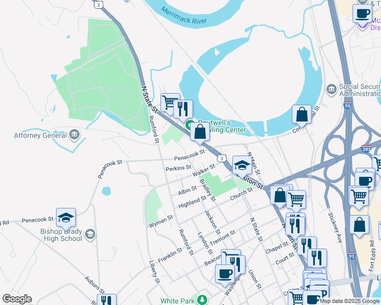 map of restaurants, bars, coffee shops, grocery stores, and more near 28 Penacook Street in Concord