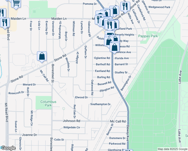 map of restaurants, bars, coffee shops, grocery stores, and more near 100 Burling Road in Rochester