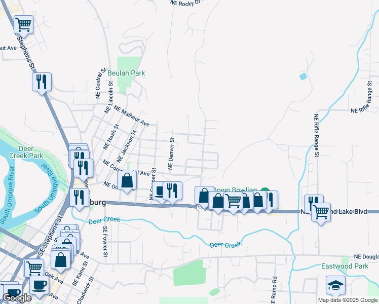 map of restaurants, bars, coffee shops, grocery stores, and more near 2020 Northeast Freemont Avenue in Roseburg
