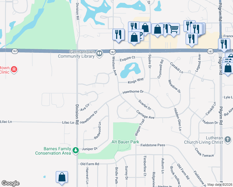 map of restaurants, bars, coffee shops, grocery stores, and more near N109W16760 Hawthorne Drive in Germantown
