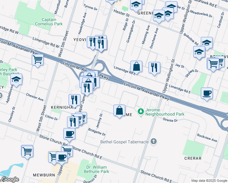 map of restaurants, bars, coffee shops, grocery stores, and more near 235 Chartwell Circle in Hamilton